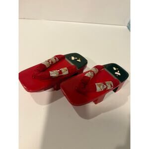 pair of vintage Japanese geta sandals red velvet thongs and painted wooden bases